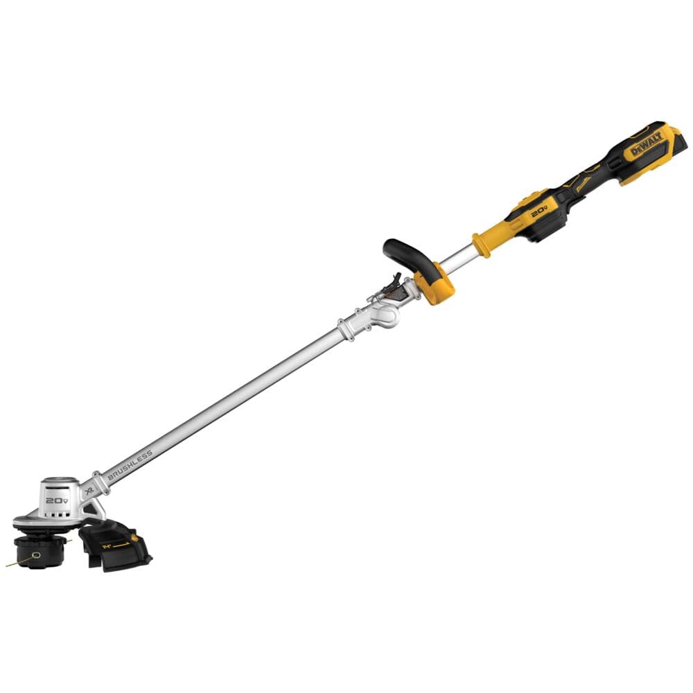 Una recortadora de césped inalámbrica DEWALT con motor sin escobillas y batería de 20V, con diseño amarillo y negro y un eje largo ajustable.