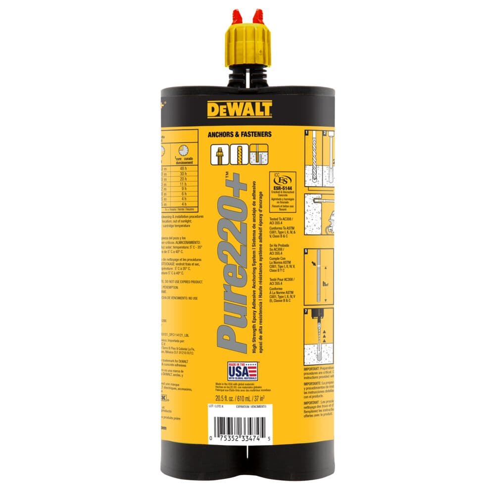 Cartucho de adhesivo para anclaje Pure220+ de DEWALT, tamaño de 610 ml, utilizado para fijar anclajes y sujetadores en construcción. El cartucho es amarillo y negro con instrucciones detalladas y gráficos en la etiqueta.