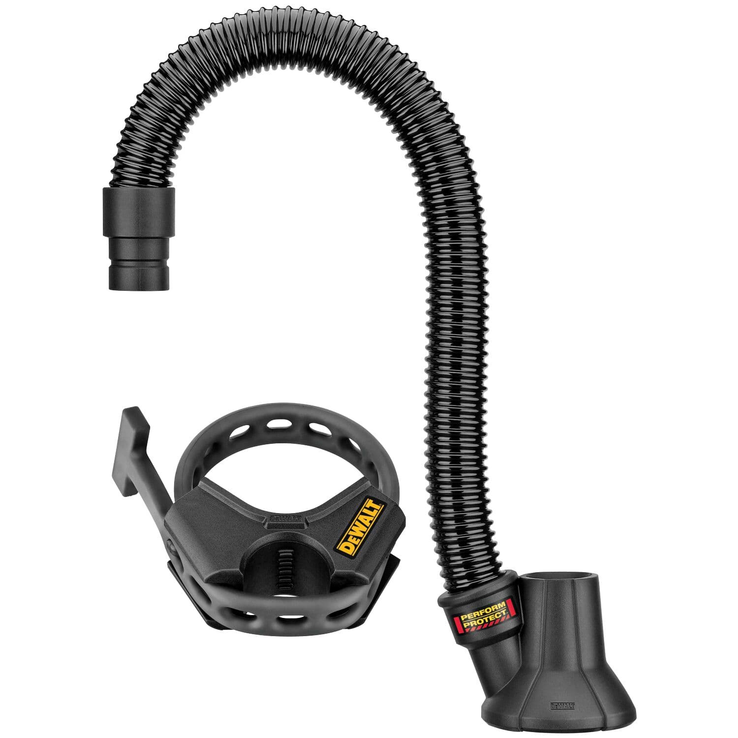 Kit de accesorio para extracción de polvo DEWALT que incluye una manguera negra flexible y un conector tipo abrazadera, diseñado para usarse con herramientas eléctricas y recolectar polvo durante la perforación.