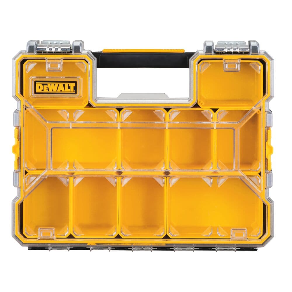 Organizador DEWALT amarillo con tapa transparente y varios compartimentos de almacenamiento.
