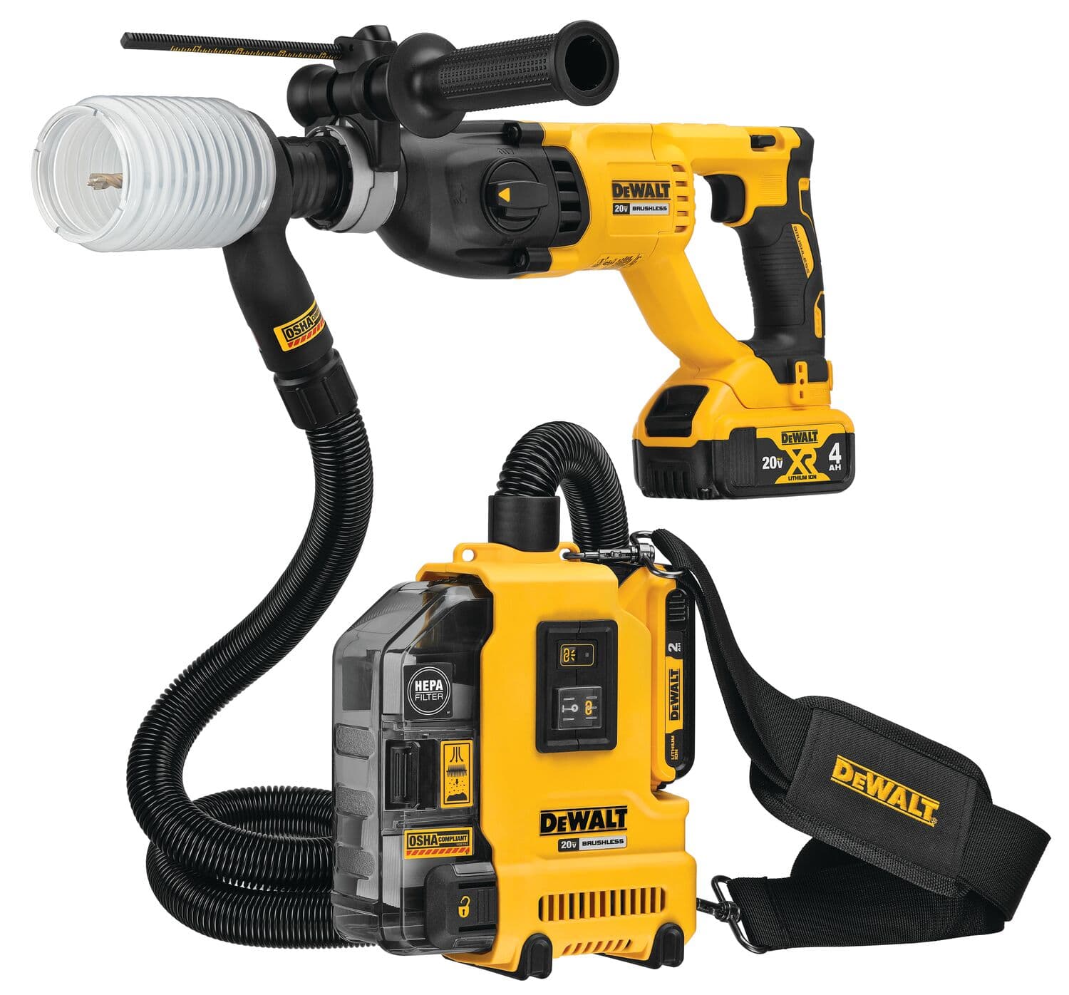 Martillo rotatorio inalámbrico DEWALT 20V con accesorio de extracción de polvo y filtro HEPA, con diseño amarillo y negro, paquete de batería, manguera flexible y correa de transporte.