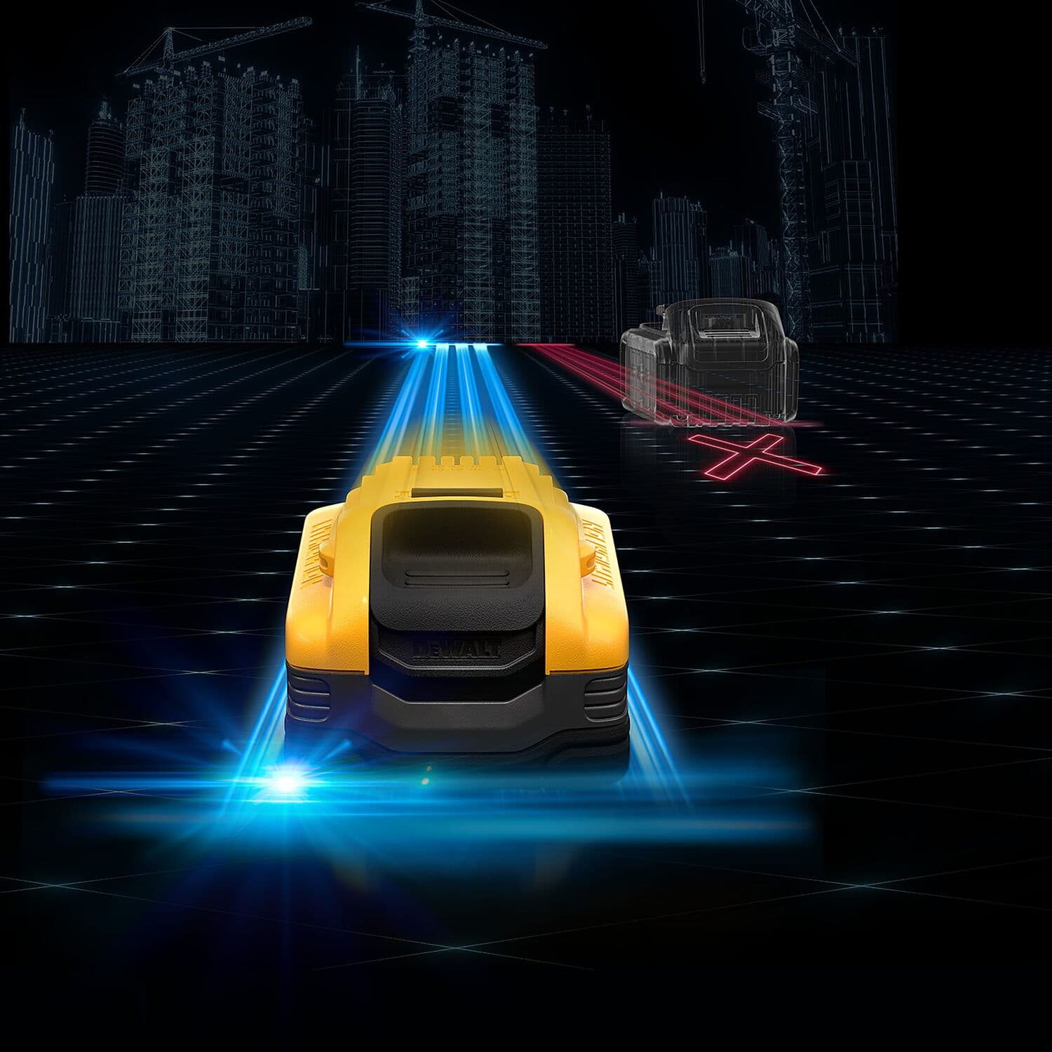 Batería DEWALT sobre rejilla brillante, ciudad futurista al fondo y líneas azules, resaltando innovación y velocidad.