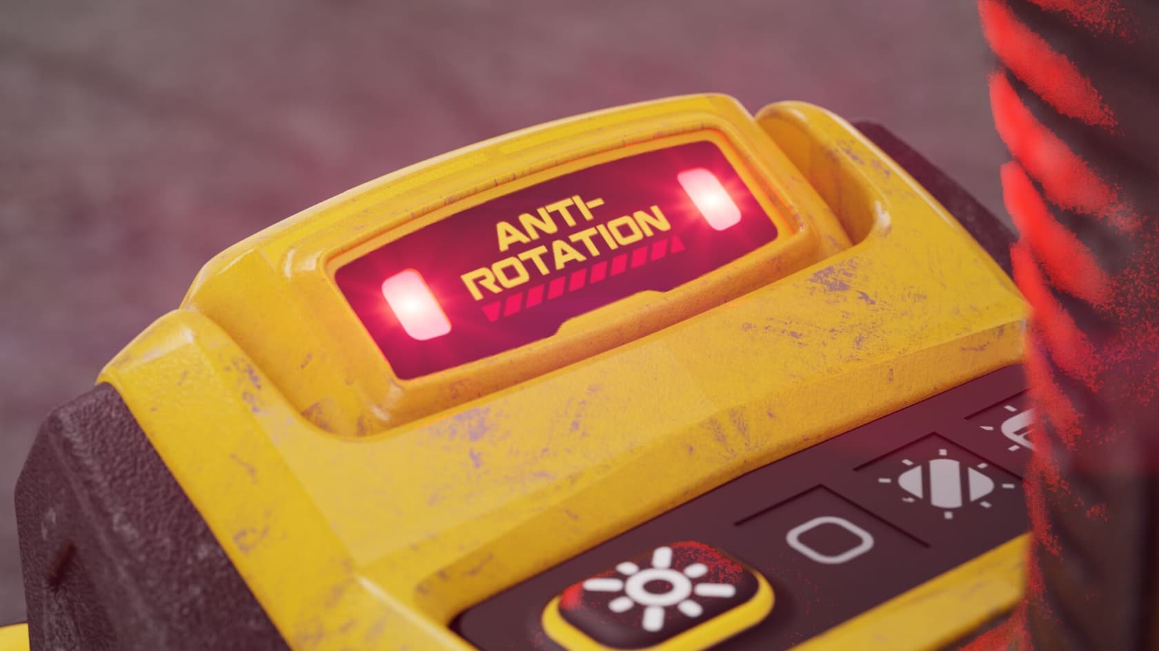 Primer plano de una herramienta amarilla DEWALT con un indicador rojo encendido que muestra 'ANTI-ROTATION' y botones de control visibles, incluido un símbolo de luz.