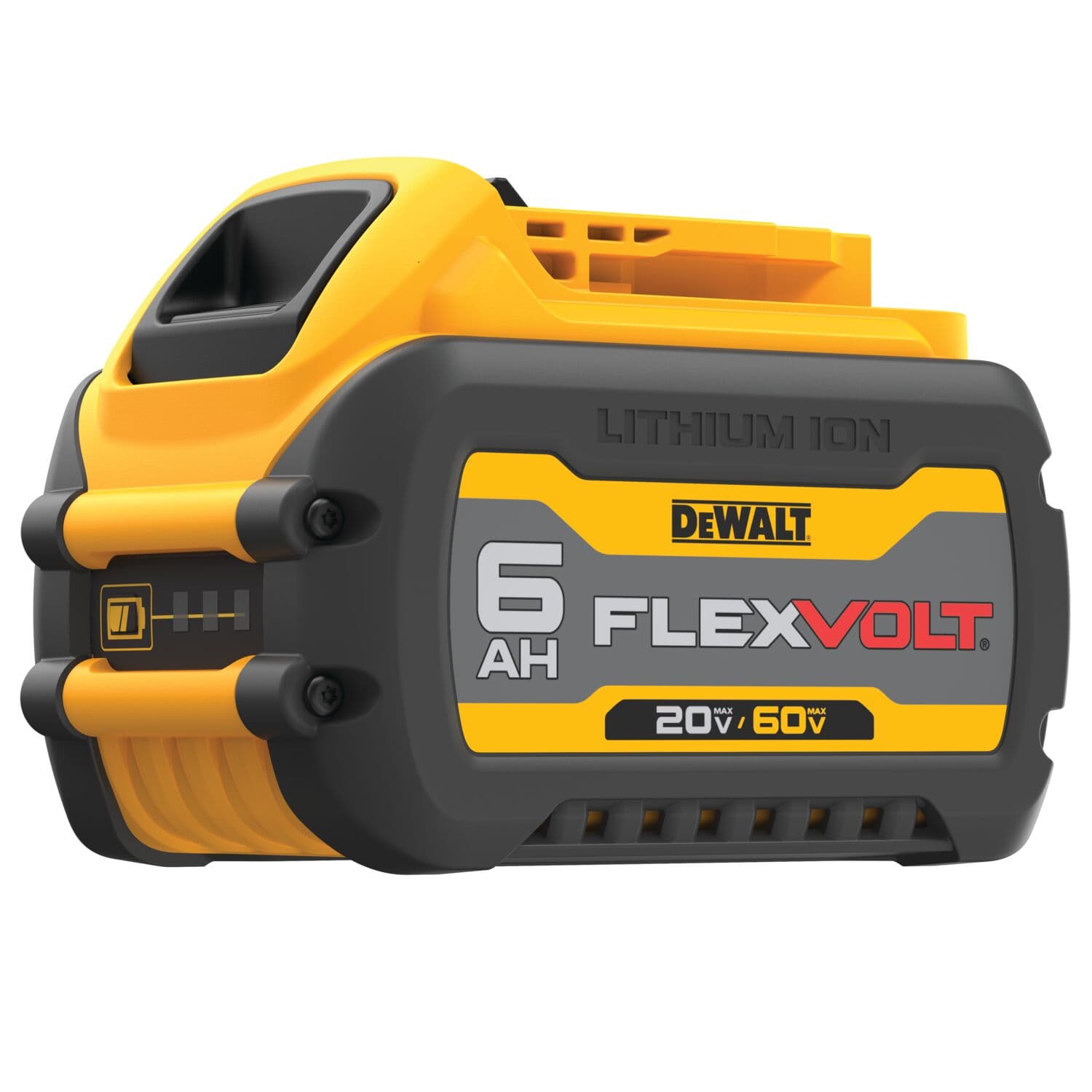 Batería de ion de litio DEWALT DCB606 FLEXVOLT 20V/60V con capacidad de 6 amperios-hora, mostrada en primer plano sobre un fondo blanco.