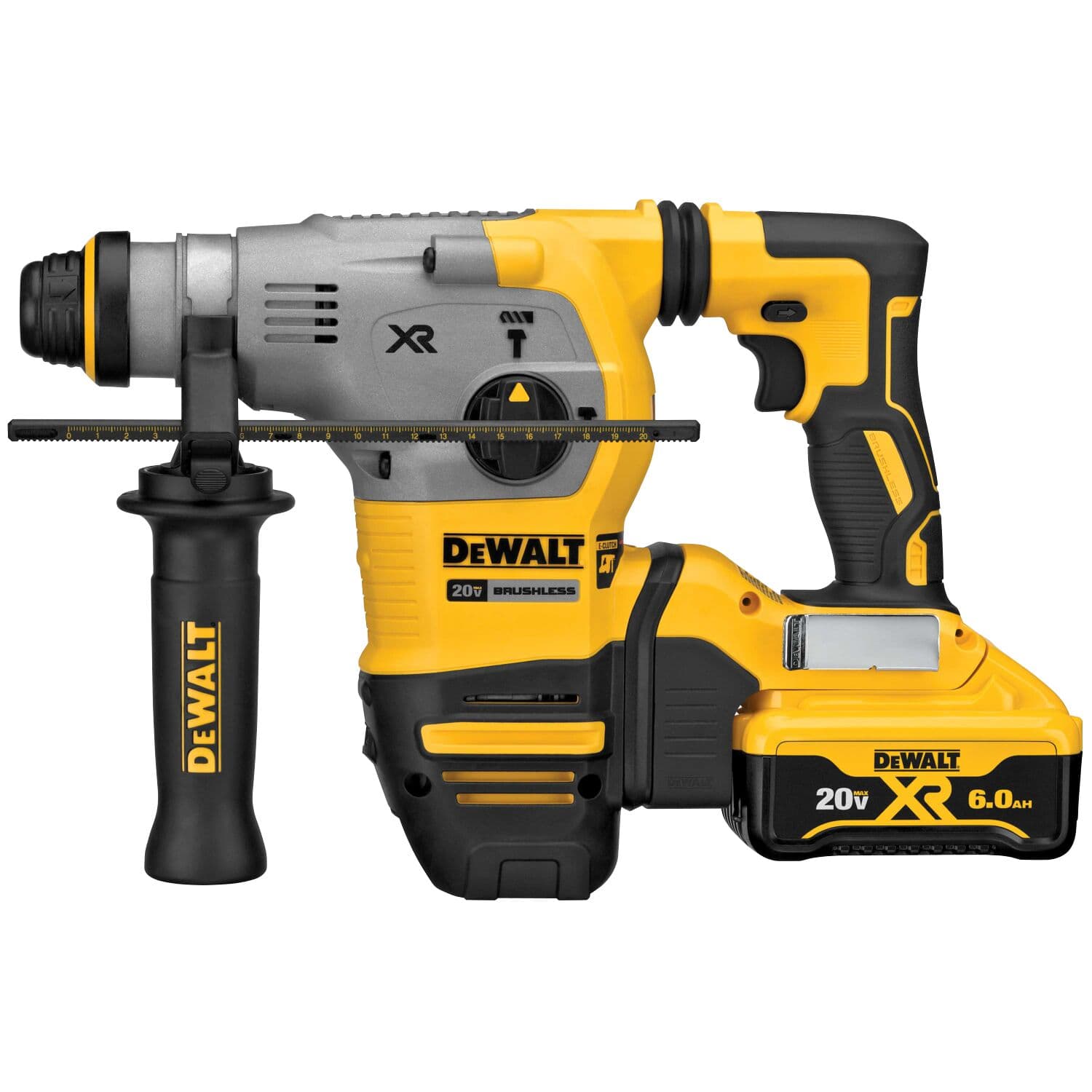 Martillo rotativo DEWALT 20V XR Brushless con mango lateral y batería de 6,0Ah incorporada, en colores amarillo y negro.