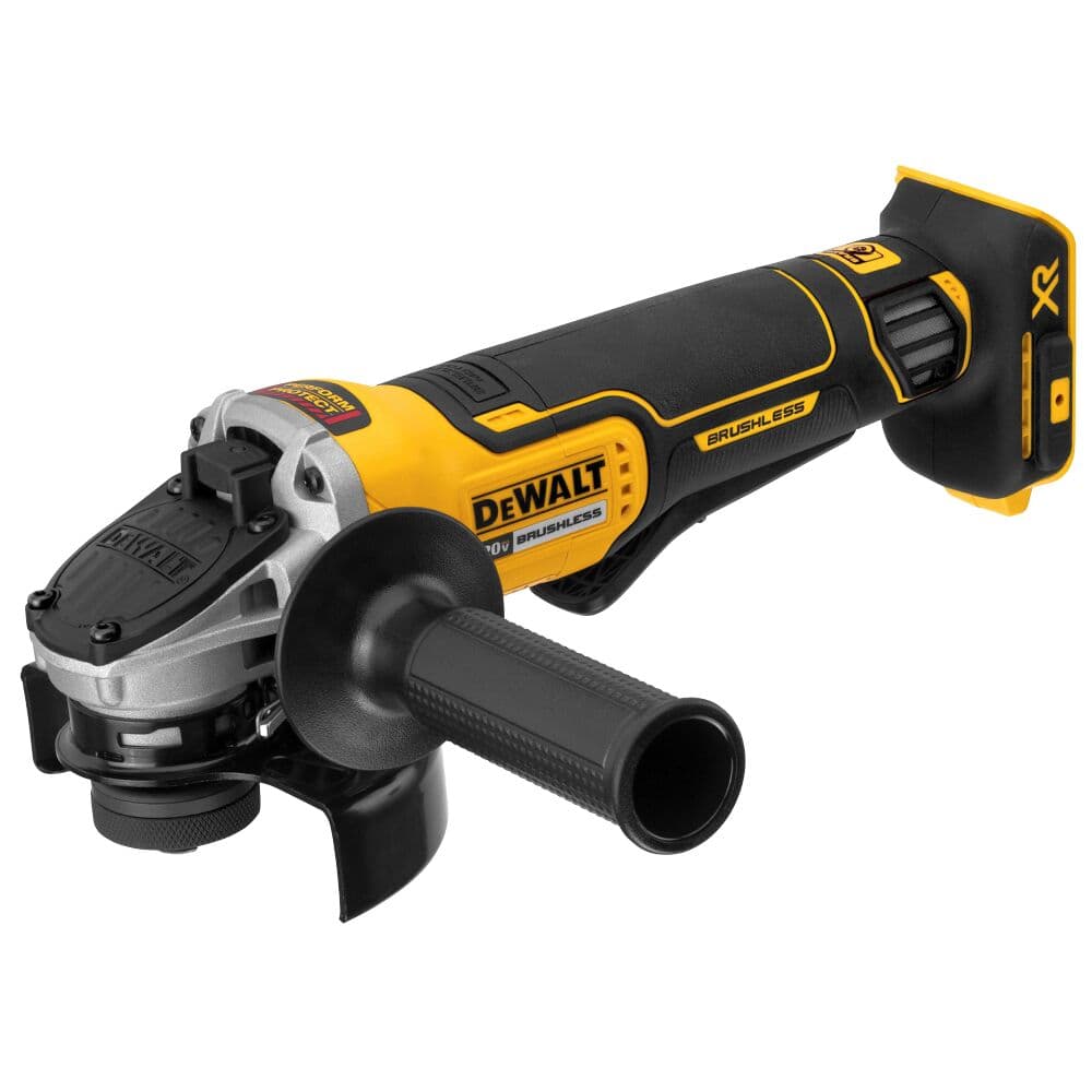 Una amoladora angular inalámbrica DEWALT con diseño negro y amarillo, motor sin escobillas y mango ergonómico.