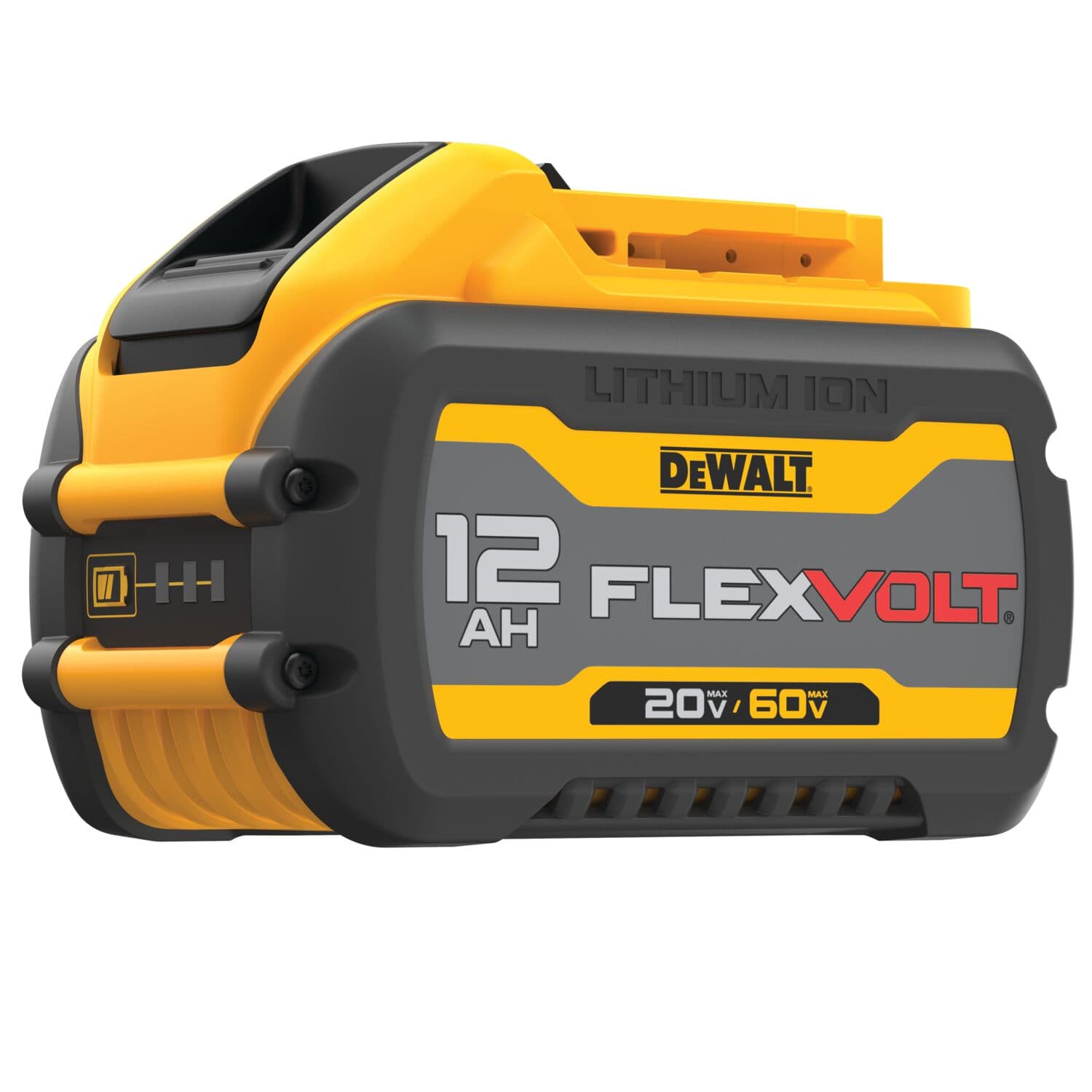 Una batería de iones de litio DEWALT FLEXVOLT con capacidad de 12 amperios-hora (AH). La batería tiene colores amarillo, negro y gris, con voltajes indicados de 20V y 60V, y la marca y especificaciones visibles en el lateral.