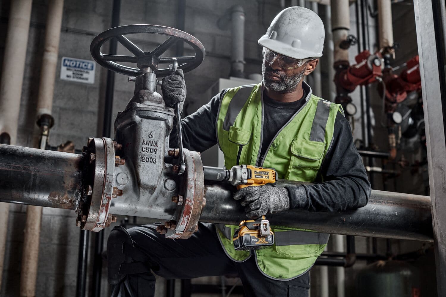 Un trabajador con chaleco de seguridad, guantes y casco utiliza una llave de impacto inalámbrica DEWALT DCF892B para trabajar en una gran válvula industrial conectada a una tubería metálica en una instalación.