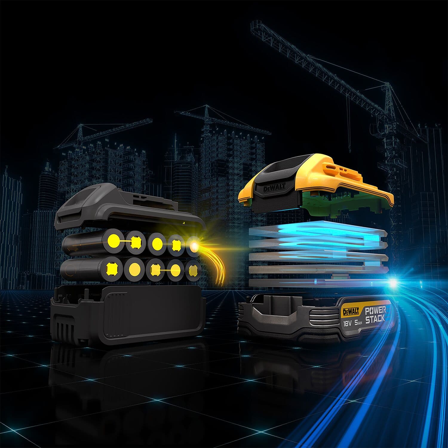 Vista interior de batería DEWALT PowerStack 18V con celdas brillantes y fondo futurista de construcción.