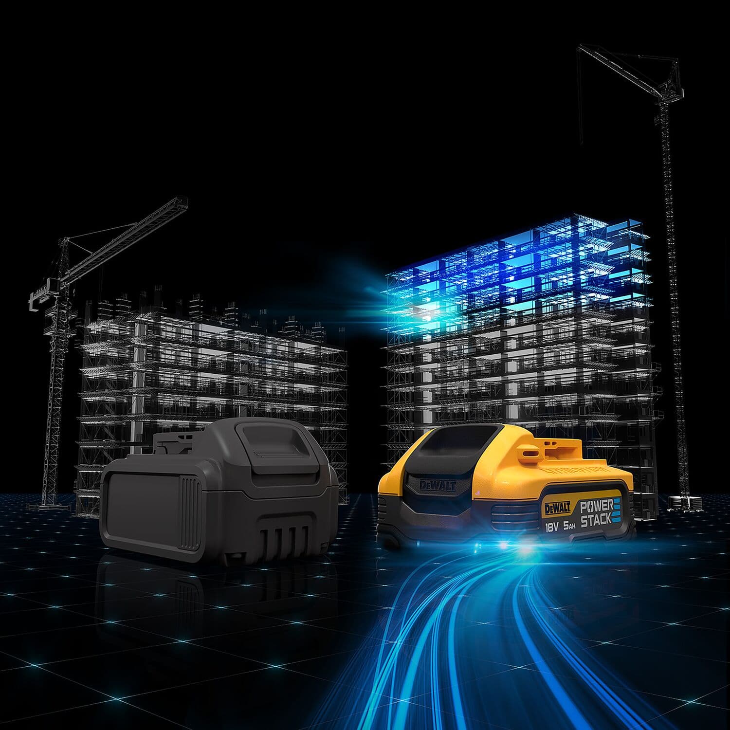 Batería DEWALT POWERSTACK frente a obra digital con grúas y efectos luminosos.