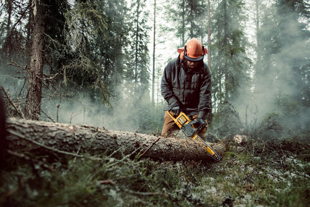 Persona usa motosierra DEWALT para cortar árbol caído en bosque con niebla. Lleva equipo protector.