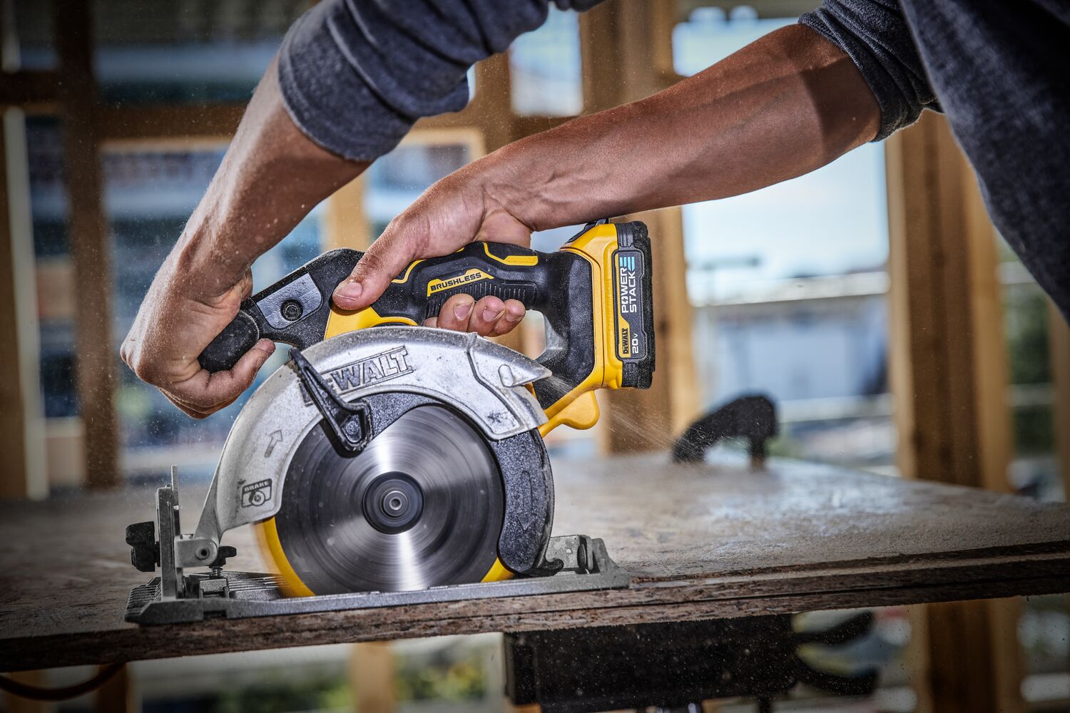 Circular saw cutting double stacked OSB