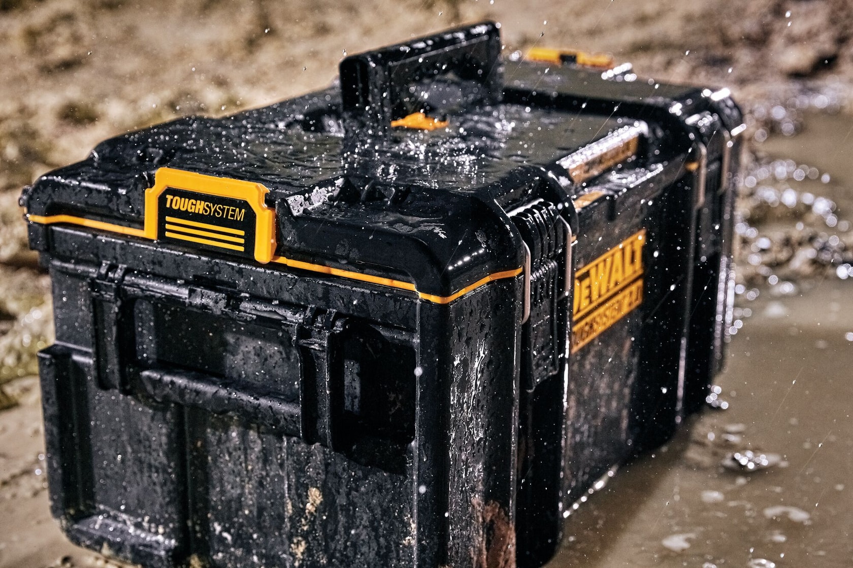 tough system 2.0 large toolbox with water splashing on it.