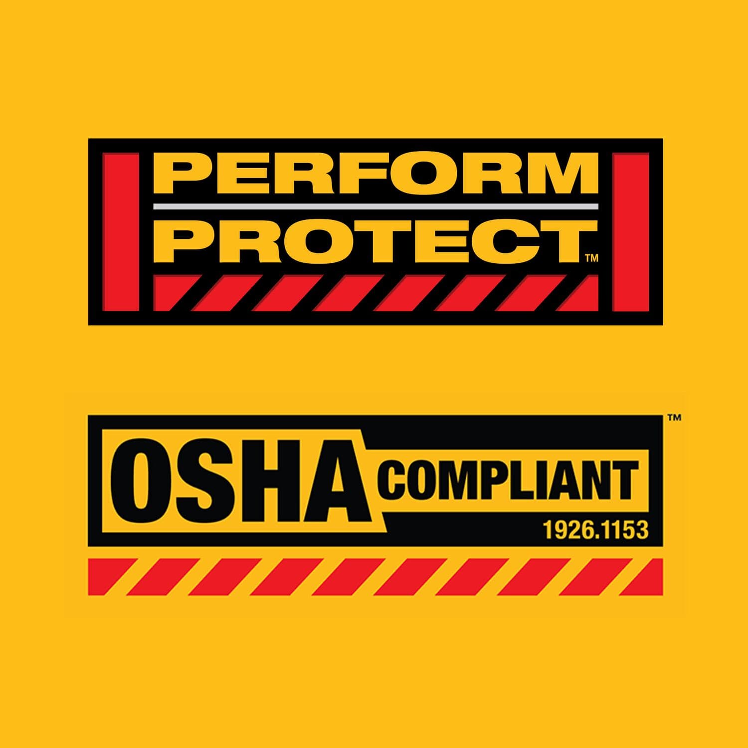 Gráfico de DEWALT con dos etiquetas sobre un fondo amarillo. La etiqueta superior dice 'PERFORM PROTECT' en texto amarillo en negrita con detalles en negro y rojo. La etiqueta inferior dice 'OSHA COMPLIANT 1926.1153' en amarillo y negro, con franjas diagonales rojas debajo.