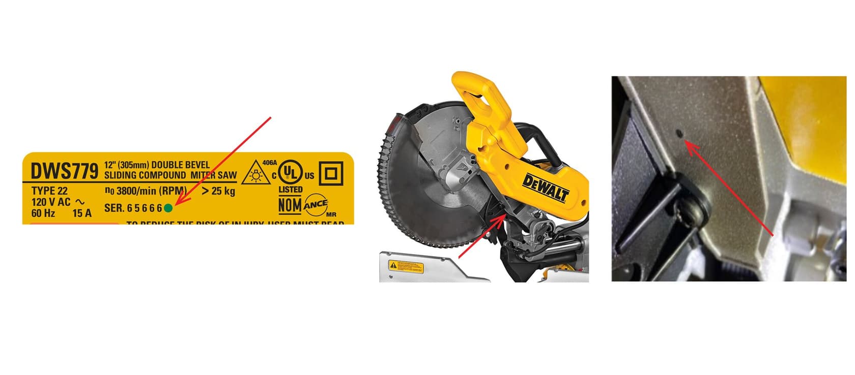 Imagen compuesta que muestra tres secciones: a la izquierda, un primer plano de una etiqueta amarilla con las especificaciones de una sierra ingletadora compuesta doble bisel DEWALT DWS779 de 12 pulgadas, en el centro, la sierra ingletadora DEWALT con una zona destacada, y a la derecha, un primer plano detallado de un componente de la sierra con una flecha que señala una parte específica.